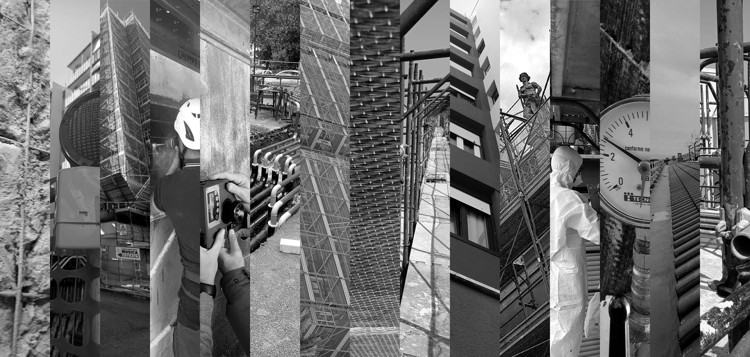 Sequenza fotografica in bianco e nero del processo di cantiere
